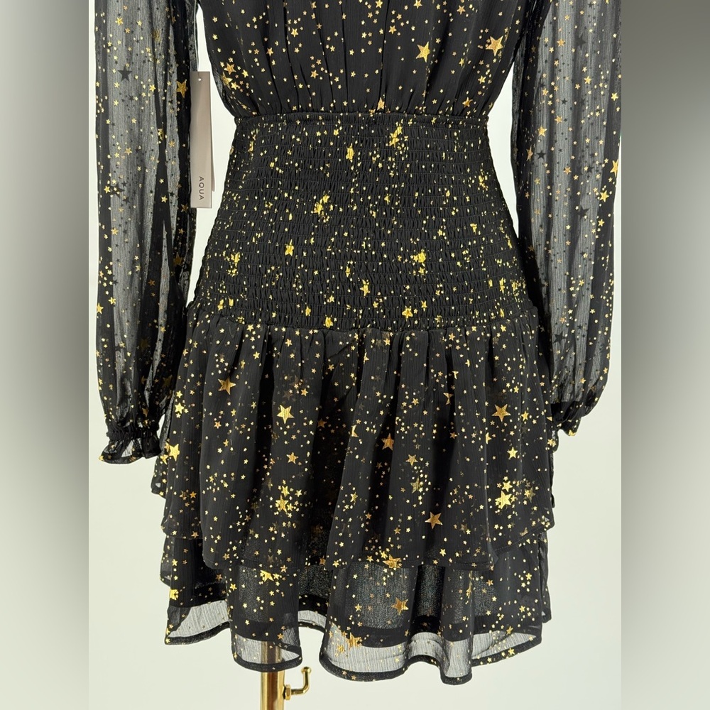 AQUA Star Print Smocked Black & Gold Star Print Smocked Mini Dress Long Sleeve - Picture 10 of 17